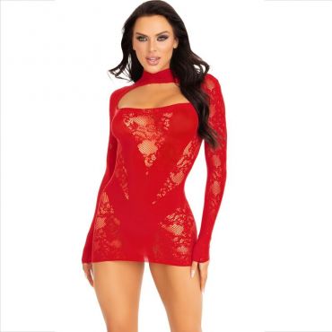 LEG AVENUE MINI VESTIDO DE ENCAJE CON MANGA LARGA ROJO