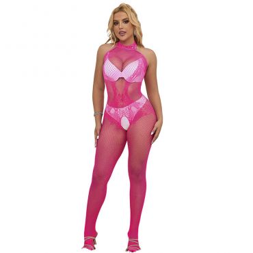 SUBBLIME 952389 BODYSTOCKING CROTCHLESS DE REJILLA Y ENCAJE CON CUELLO ALTO ROSA TALLA aNICA