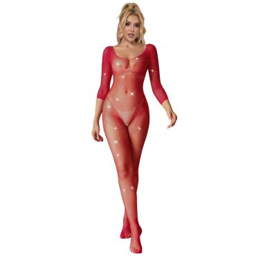 SUBBLIME 952419 BODYSTOCKING DE REJILLA CON DIAMANTES MANGA LARGA ROJO TALLA aNICA