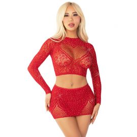 LEG AVENUE TOP FALDA DE REJILLA CON BRILLANTES ROJO