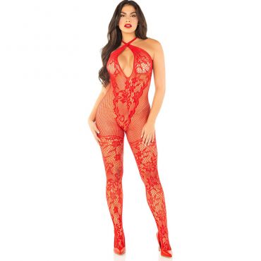 LEG AVENUE BODYSTOCKING DE REJILLA CON ESTAMPADO DE FLORES ROJO TALLA aNICA